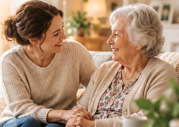 Une jeune femme et une dame âgée échangent en souriant, main dans la main